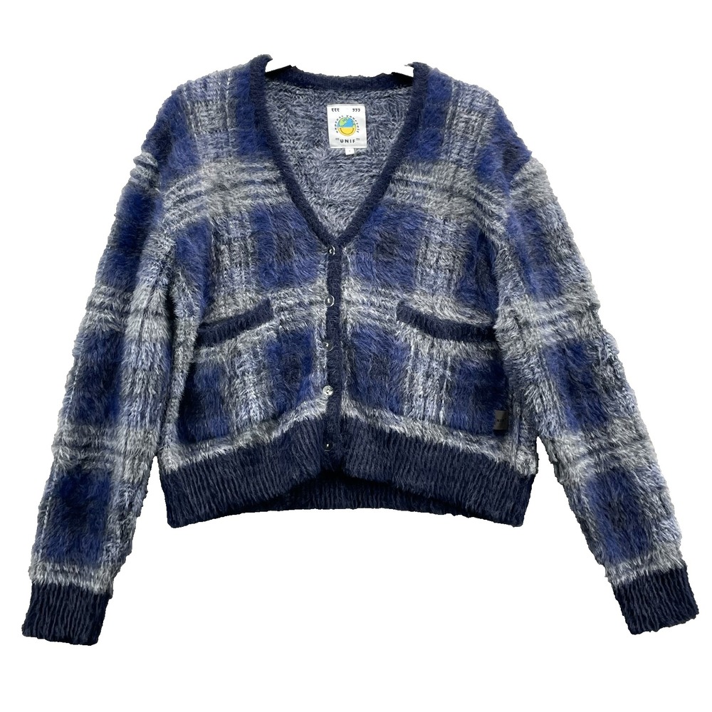 Unif Ty Cardigan Womens Small Blue Boxy Fuzzy Plaid Preppy Fall Academia Y2k 90s